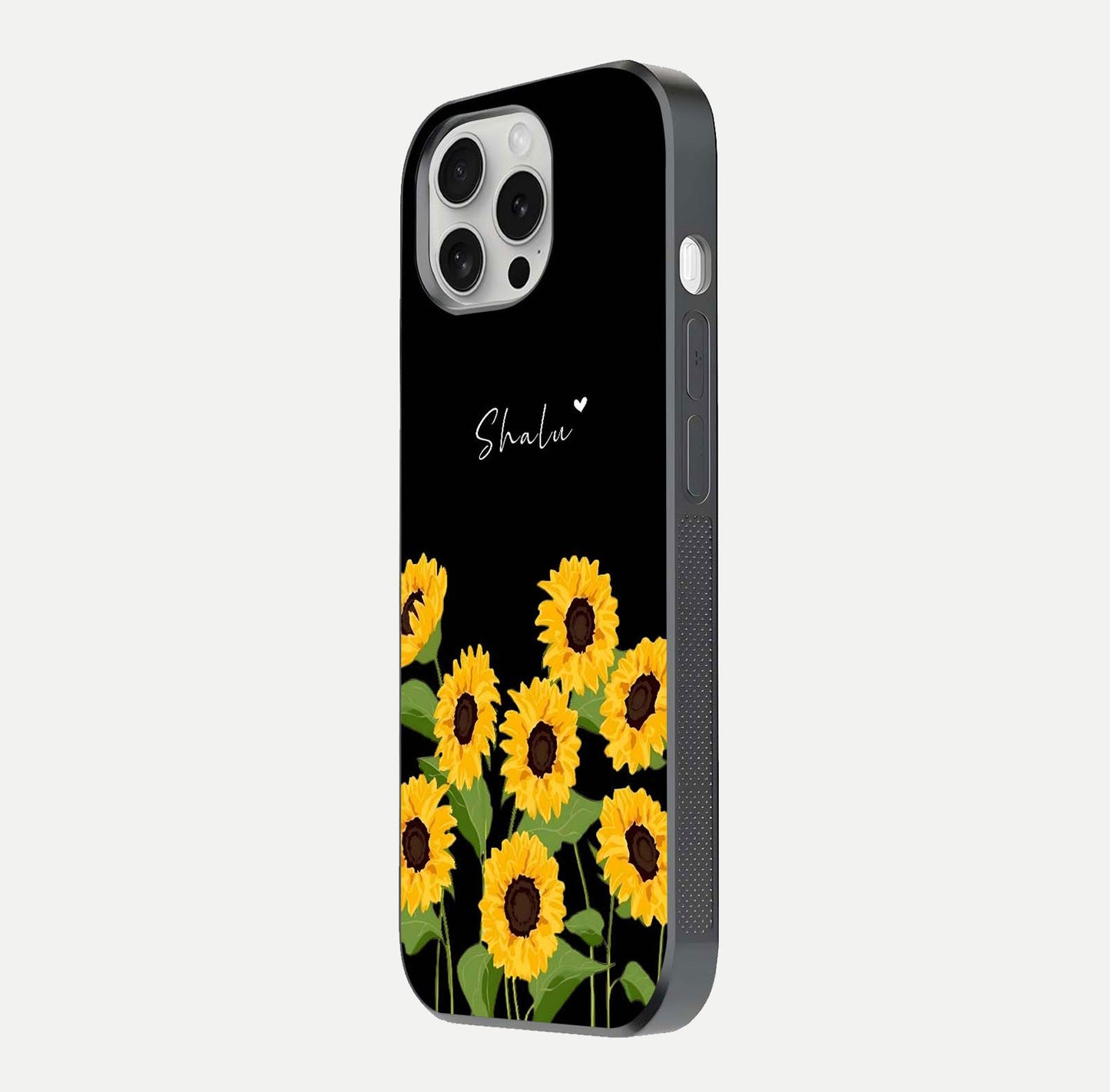 Sunflower Chic Mood Custom Name Glass Case for iPhone 16 Pro side-angle image showing reflection and yellow floral tone