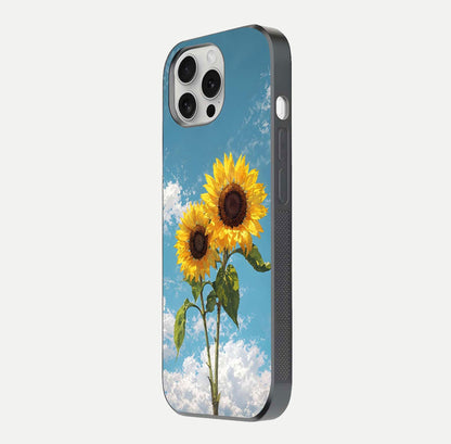 Sunflower Sky Bloom Glass Case for iPhone 16 Pro side-angle image showing reflection, edges, and sunflower color