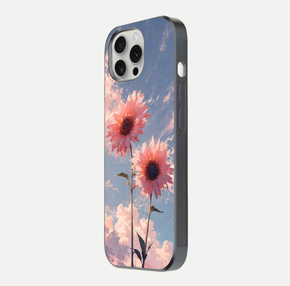 Sunlit Daisy Glow Glass Case for iPhone 16 Pro side-angle image showing shine, gloss, and floral highlight