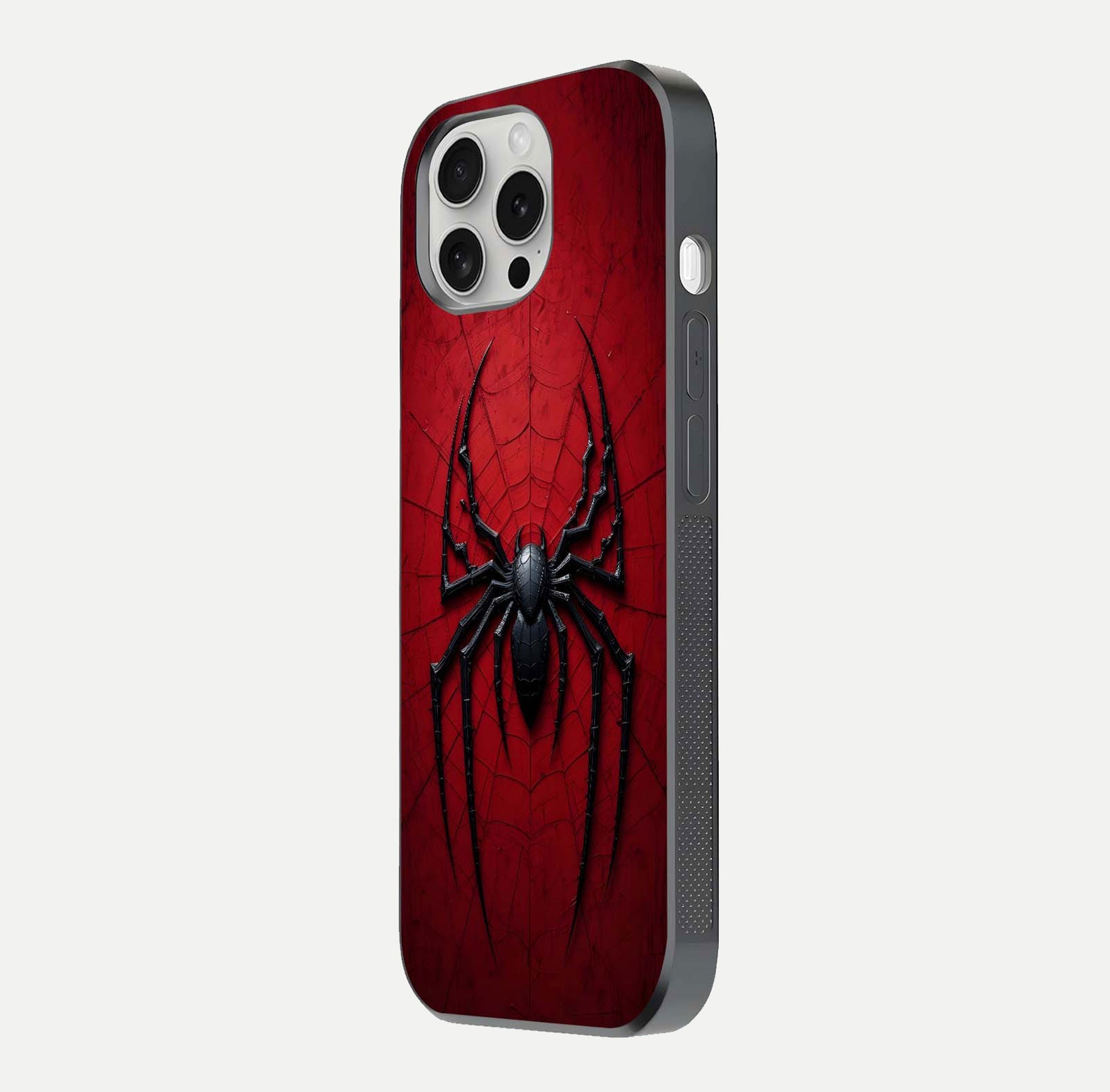 Venom Web Emblem Glass Case for iPhone 16 Pro side-angle image showing reflection and dark color tones