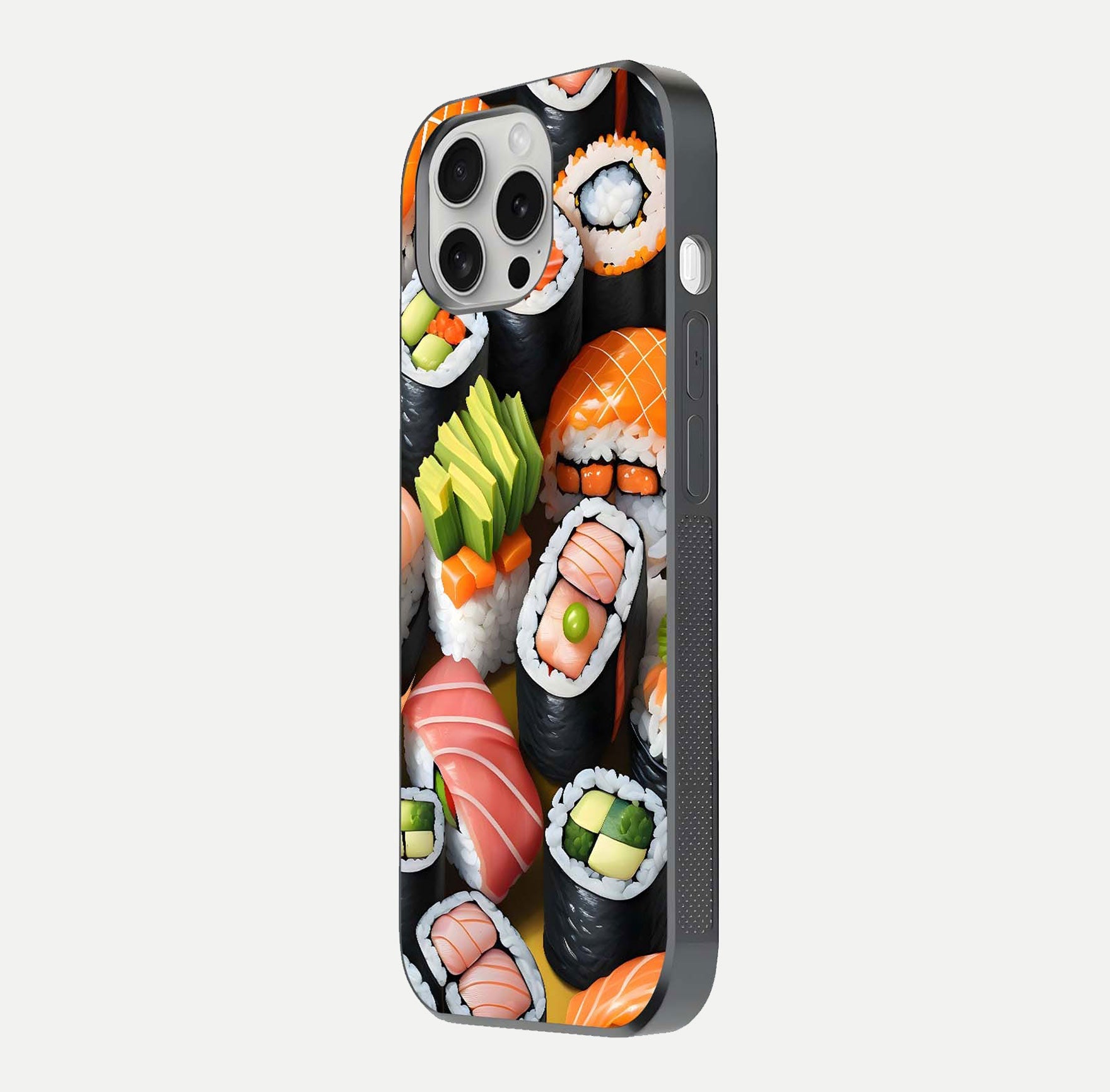 Sushi Food Pattern Glass Case for iPhone 16 Pro side-angle image showing shine, gloss, and sushi artwork