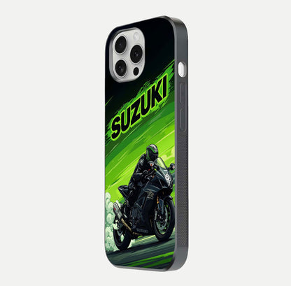 Suzuki Speed Beast Glass Case for iPhone 16 Pro side-angle image showing reflection, gloss, and car detailing