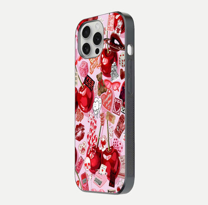 Sweet Cherry Chaos Glass Case for iPhone 16 Pro side-angle image showing shine, gloss, and cherry details