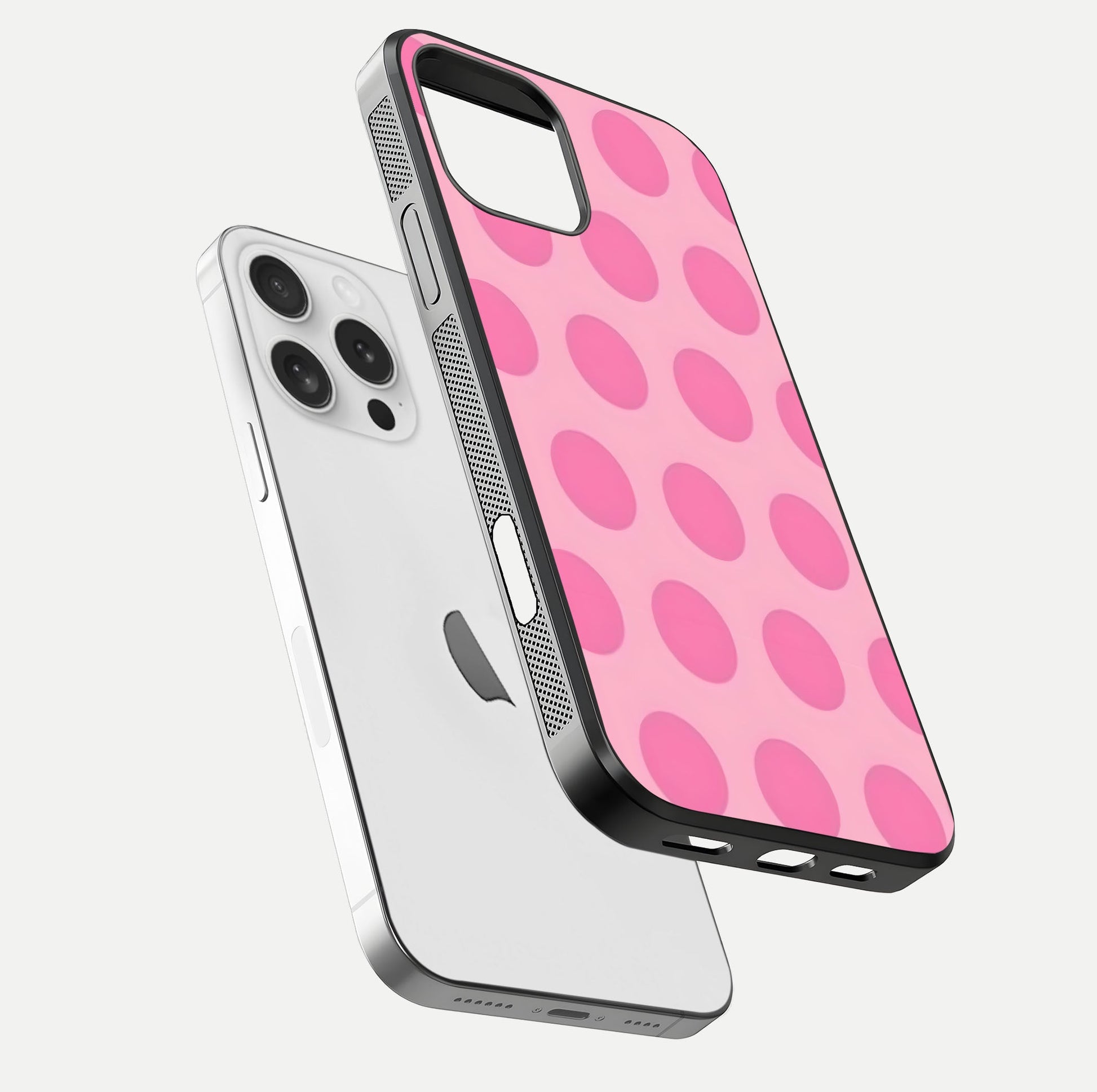 Sweet Dot Dreams iPhone 16 Pro glass phone case floating view emphasizing glossy surface and soft playful styling