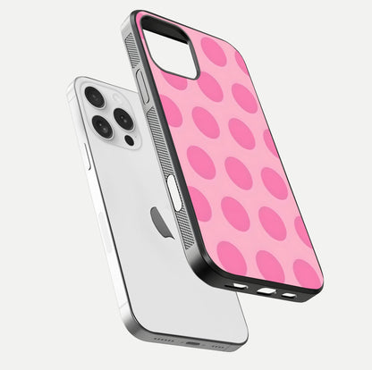 Sweet Dot Dreams iPhone 16 Pro glass phone case floating view emphasizing glossy surface and soft playful styling