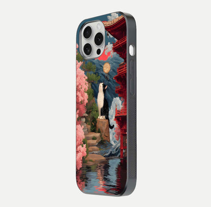 Temple Cat Scenery Glass Case for iPhone 16 Pro side-angle image showing shine and printed temple pattern