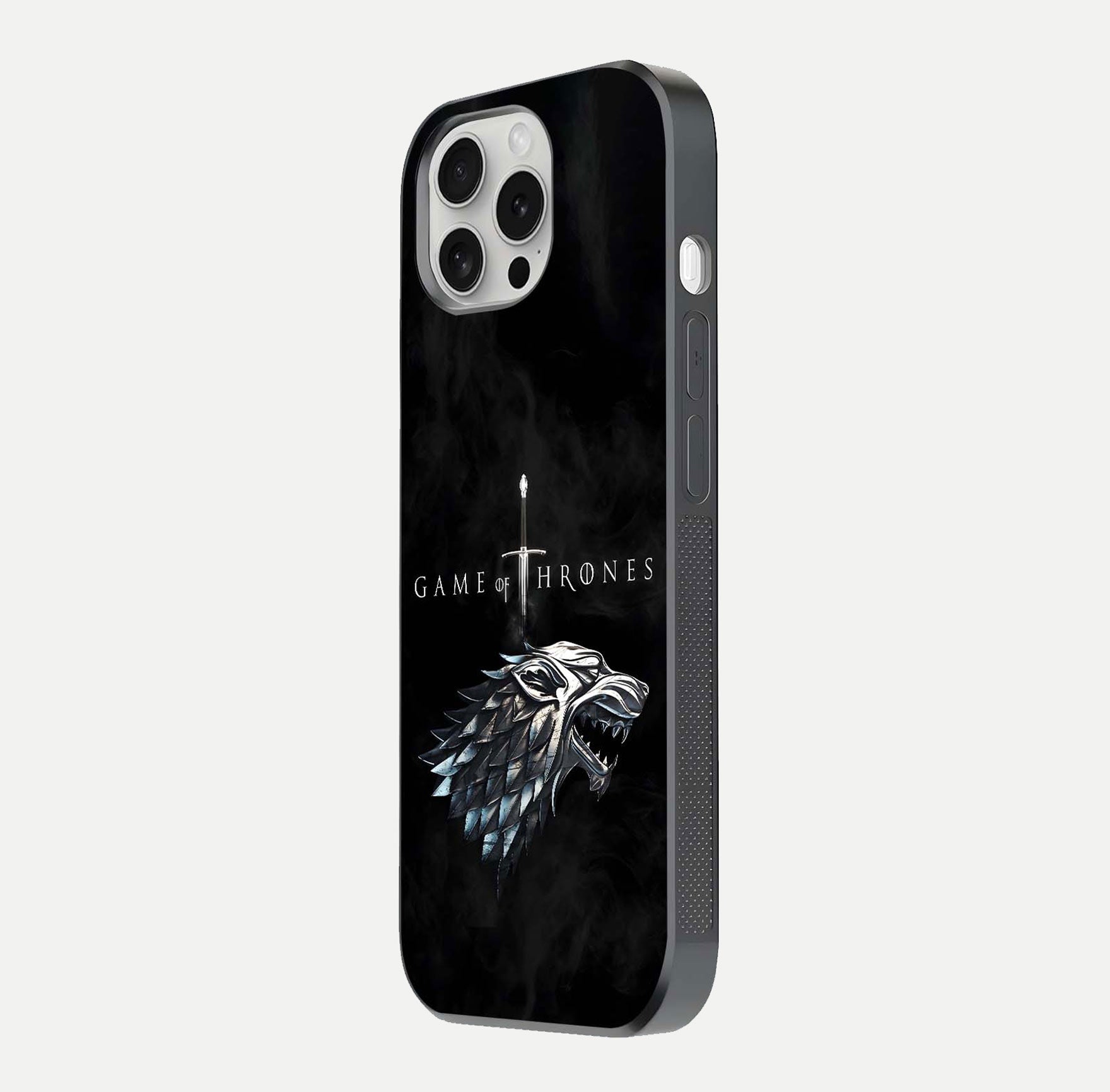 Throne Wolf Legacy Glass Case for iPhone 16 Pro side-angle image showing gloss, texture, and HD print