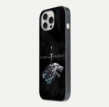 Throne Wolf Legacy Glass Case for iPhone 16 Pro side-angle image showing gloss, texture, and HD print
