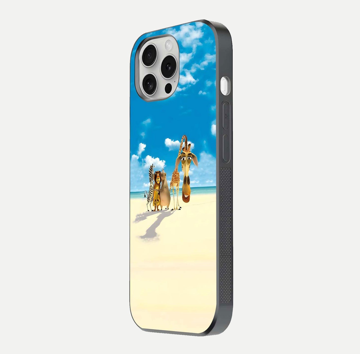 Tropical Fun Squad Glass Case for iPhone 16 Pro side-angle image showing shine, color depth, and surface gloss