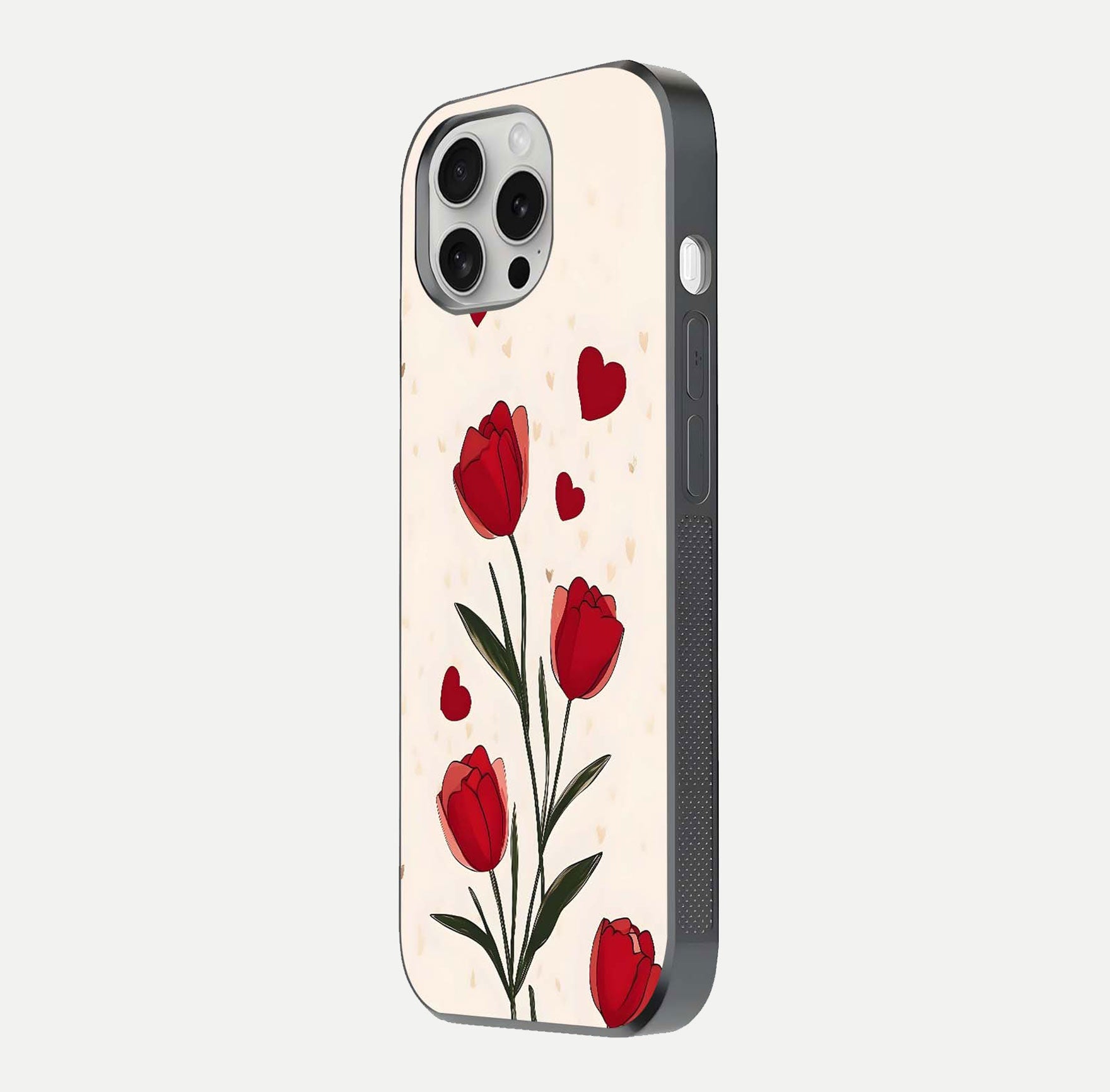 Tulip With Heart Glass Case for iPhone 16 Pro side-angle image showing floral reflection and subtle gradient