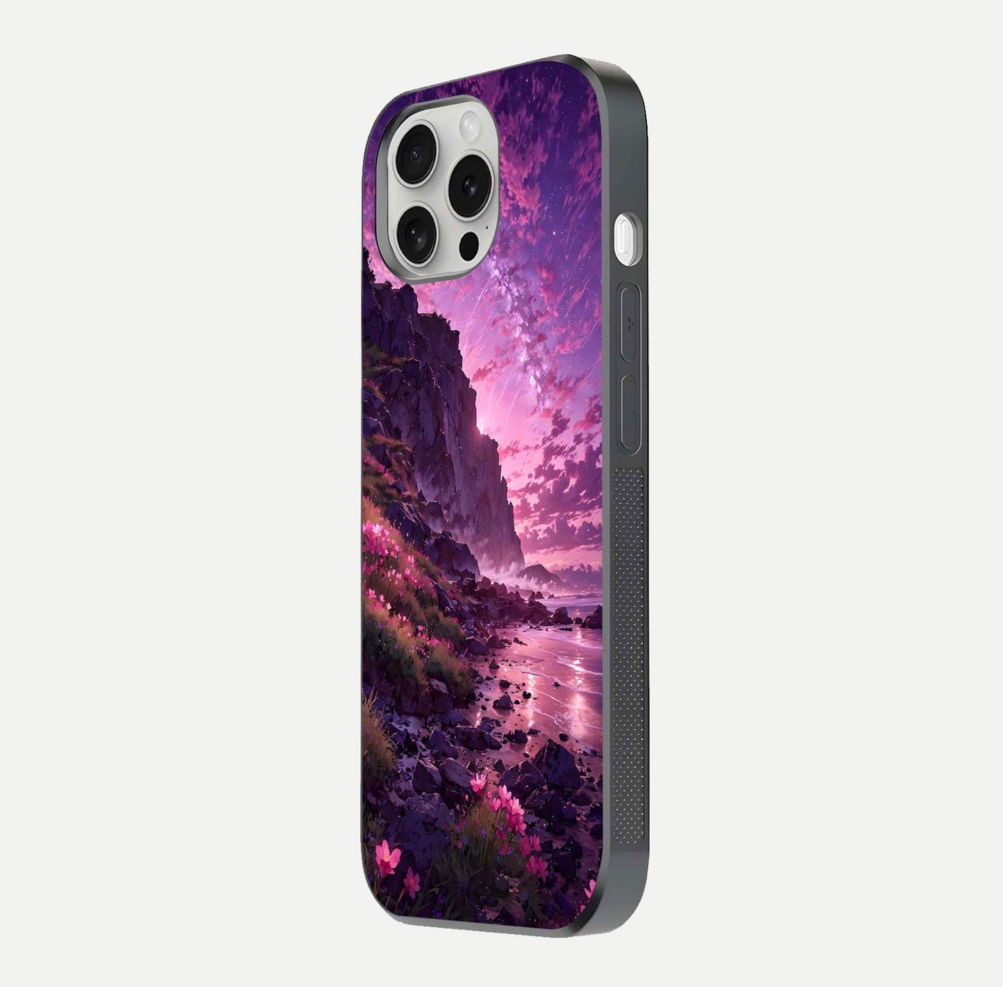 Twilight Blossom Coast Glass Case for iPhone 16 Pro side-angle image showing shine, reflection, and petal tone