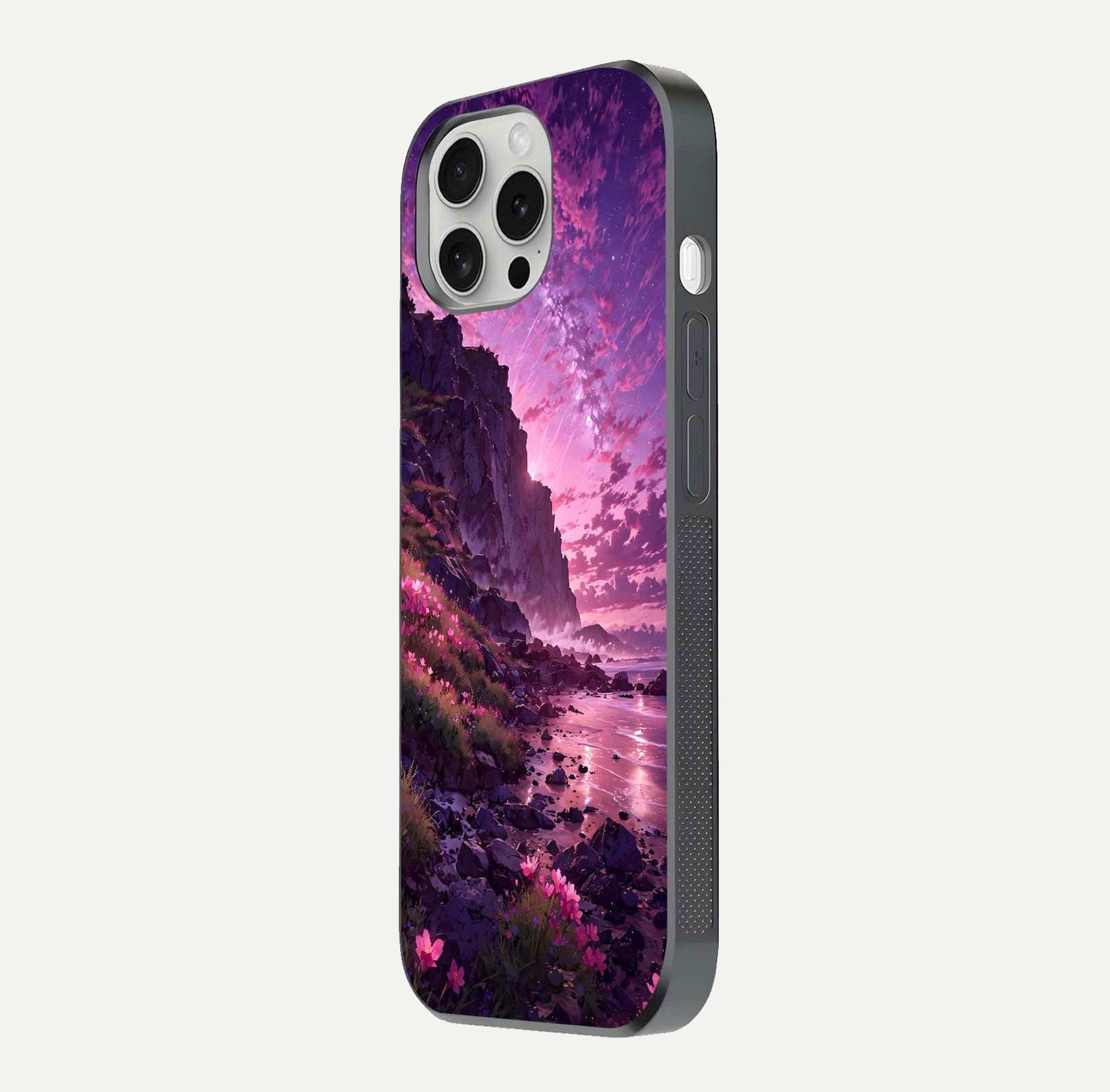Twilight Blossom Coast Glass Case for iPhone 16 Pro side-angle image showing shine, reflection, and petal tone