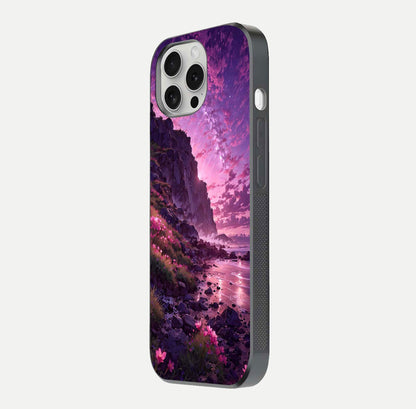 Twilight Blossom Coast Glass Case for iPhone 16 Pro side-angle image showing shine, reflection, and petal tone