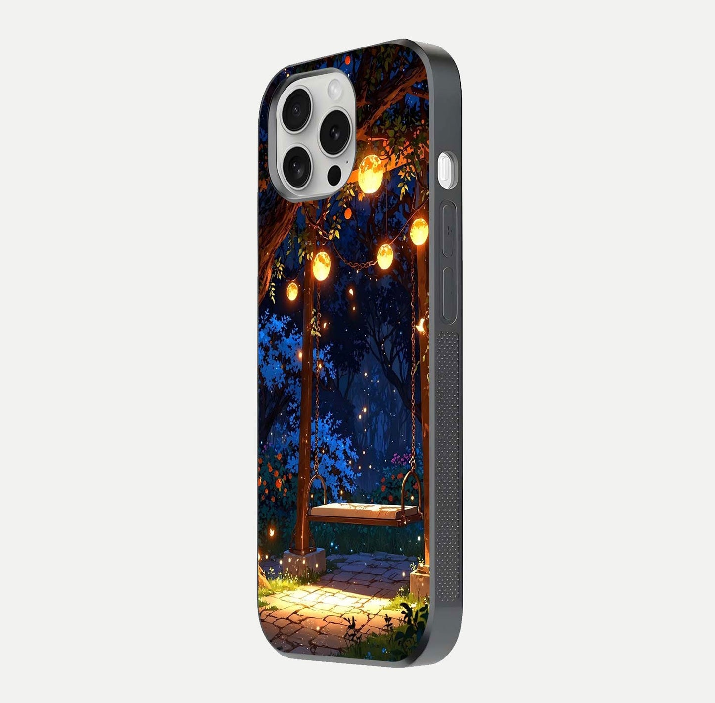 Twilight Garden Swing Glass Case for iPhone 16 Pro side-angle image showing reflection, gloss, and scenic depth
