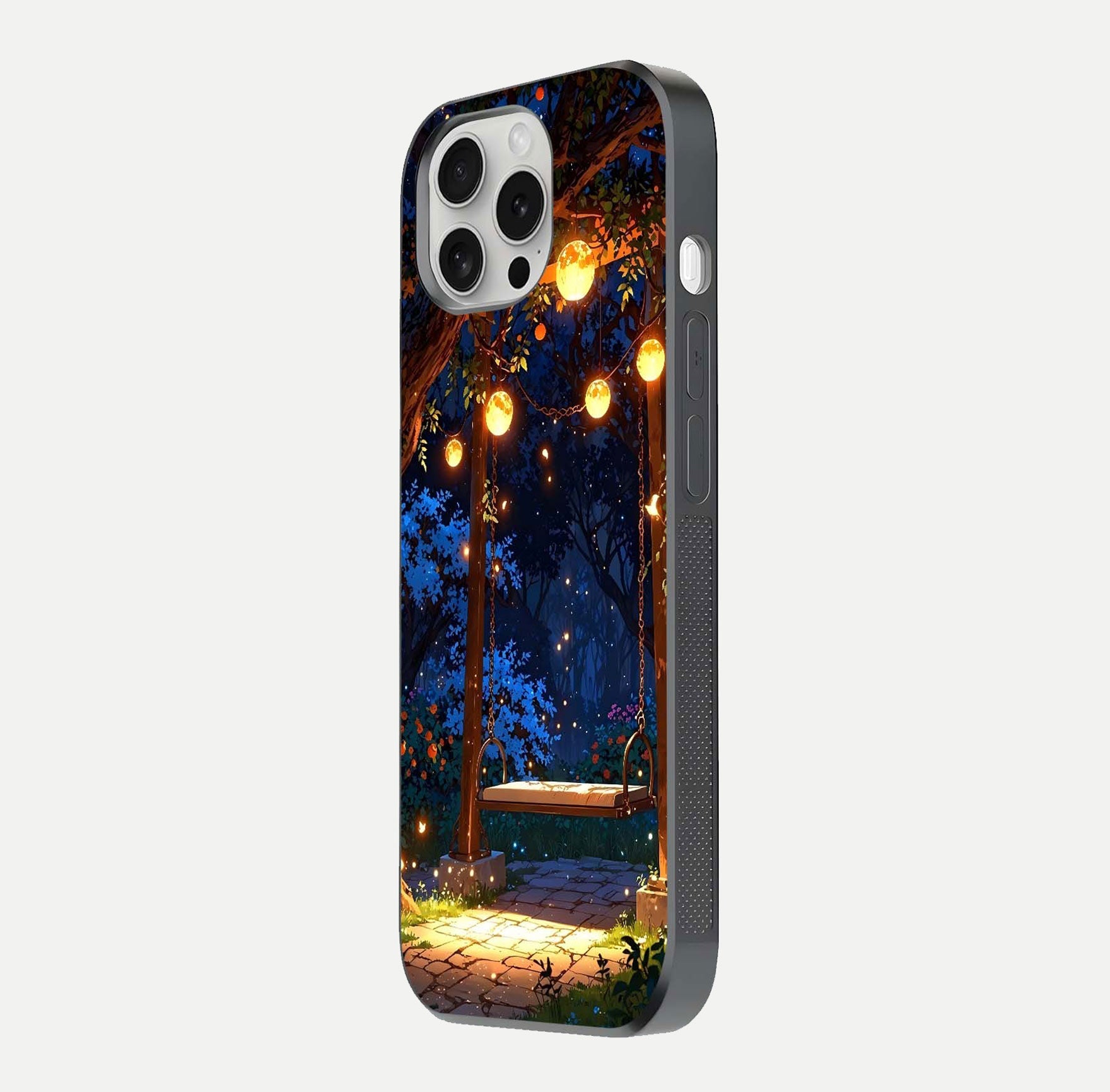 Twilight Garden Swing Glass Case for iPhone 16 Pro side-angle image showing reflection, gloss, and scenic depth