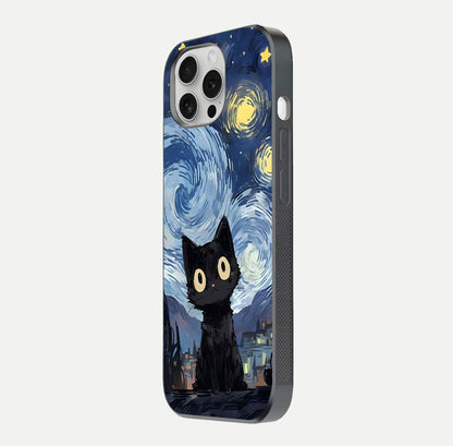 Van Gogh Cat Glass Case for iPhone 16 Pro side-angle image showing light reflection and vivid artwork