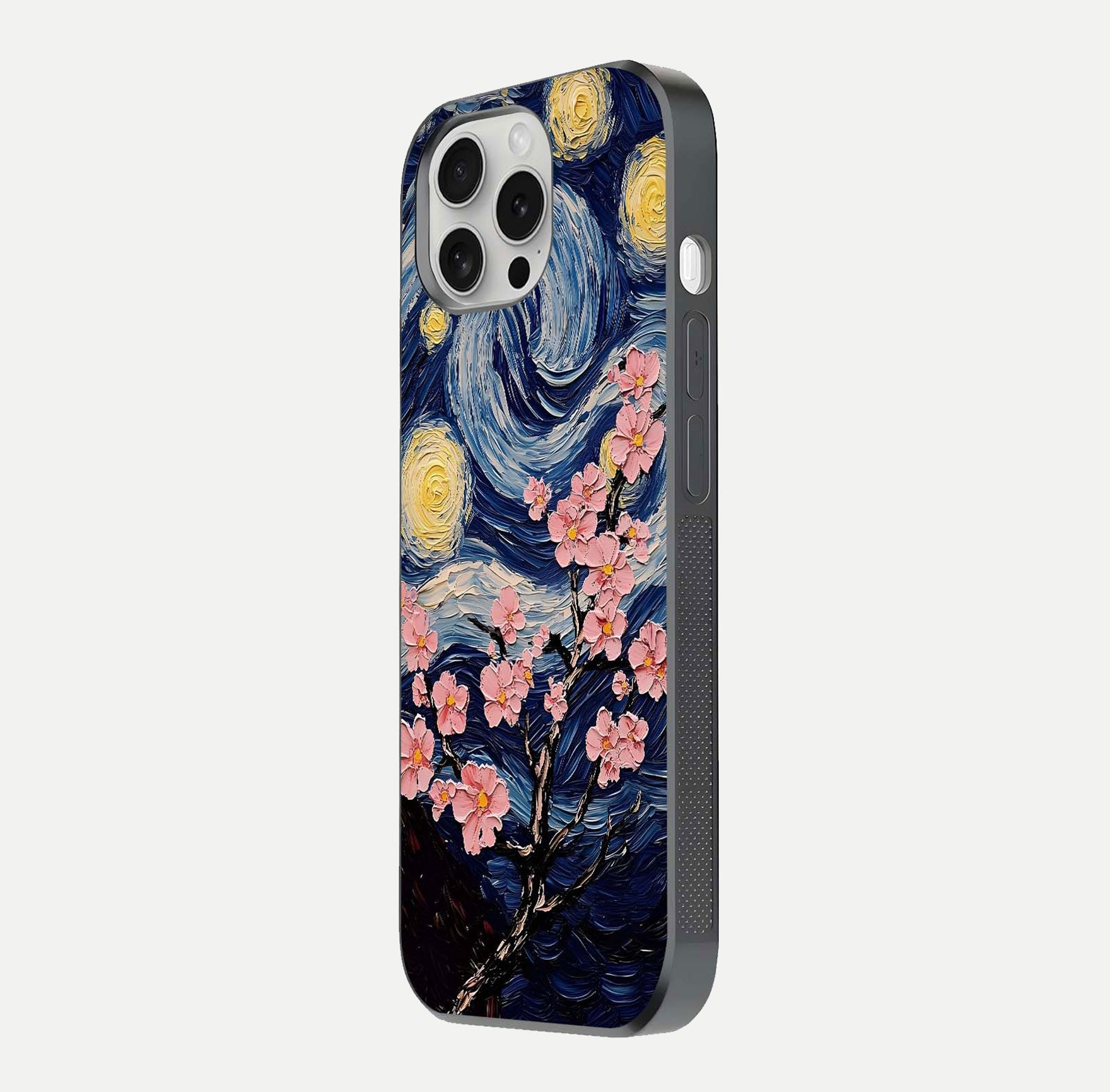 Van Gogh Scenery Glass Case for iPhone 16 Pro side-angle image showing shine, gloss, and scenic color palette
