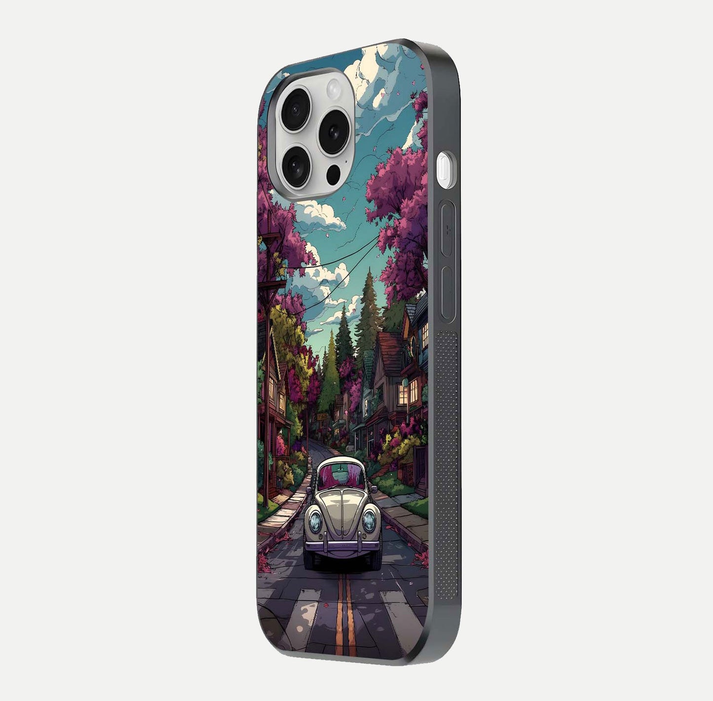 Vintage Street Drive Glass Case for iPhone 16 Pro side-angle image showing gloss reflection and design detail