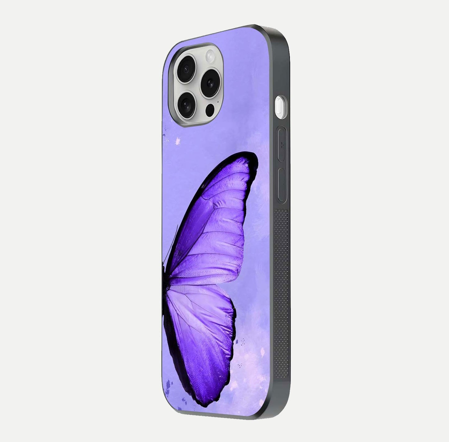 Violet Dream Wing Glass Case for iPhone 16 Pro side-angle image showing gloss, shine, and violet gradient