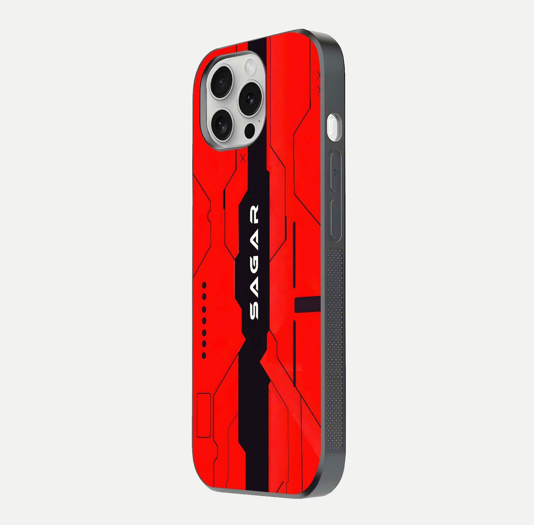 Voltage Rise CYBERPUNK Custom Name Glass Case for iPhone 16 Pro side-angle image showing gloss and cyberpunk detail