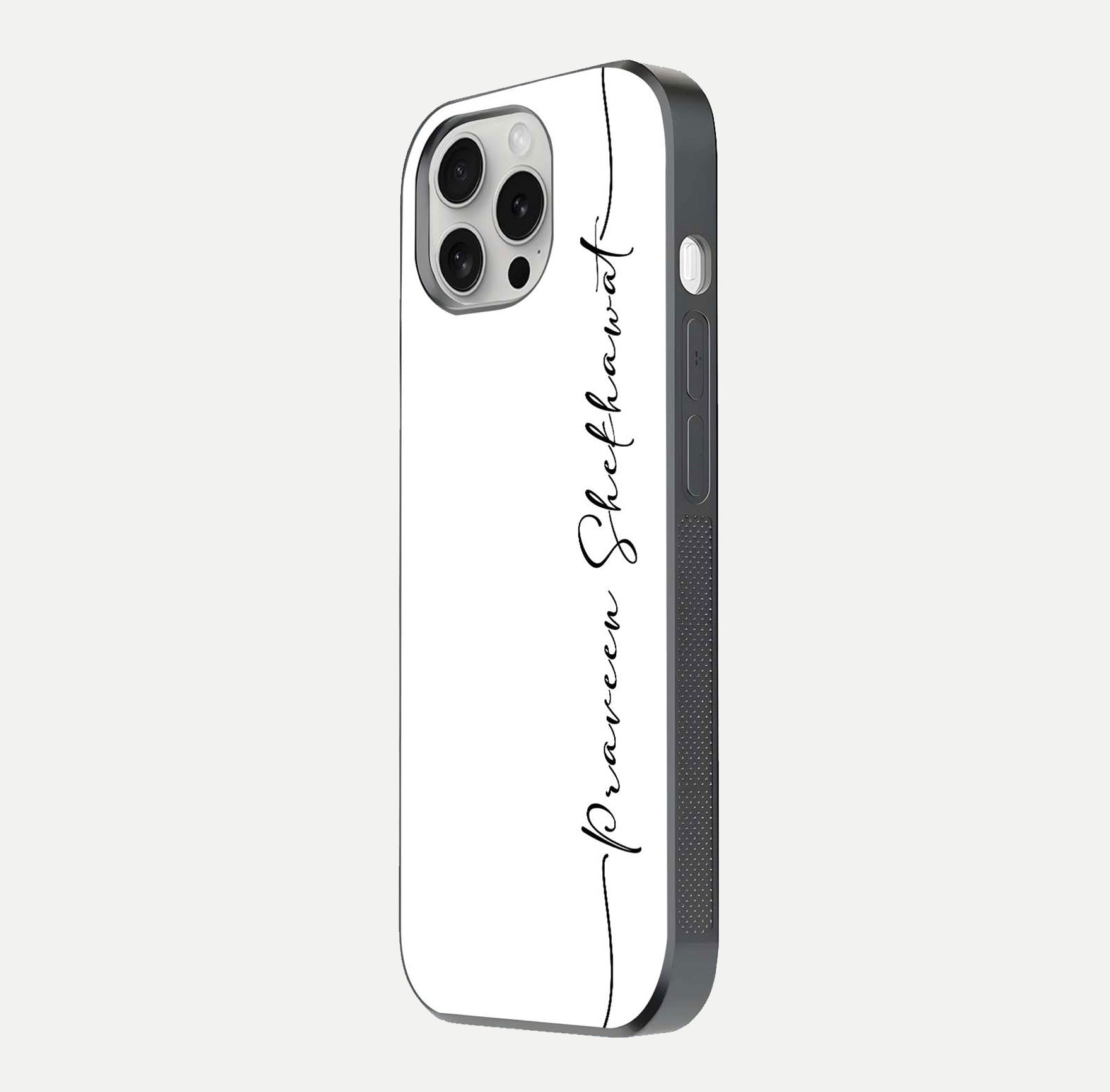 White Tune Custom Name Glass Case for iPhone 16 Pro side-angle image showing shine, gloss, and minimal tone