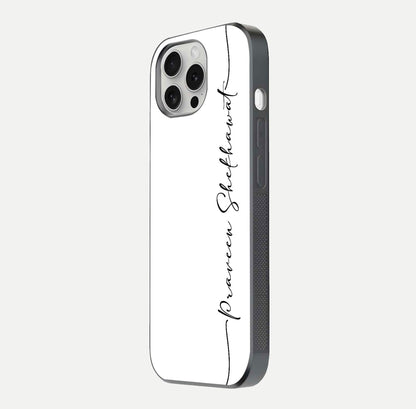 White Tune Custom Name Glass Case for iPhone 16 Pro side-angle image showing shine, gloss, and minimal tone