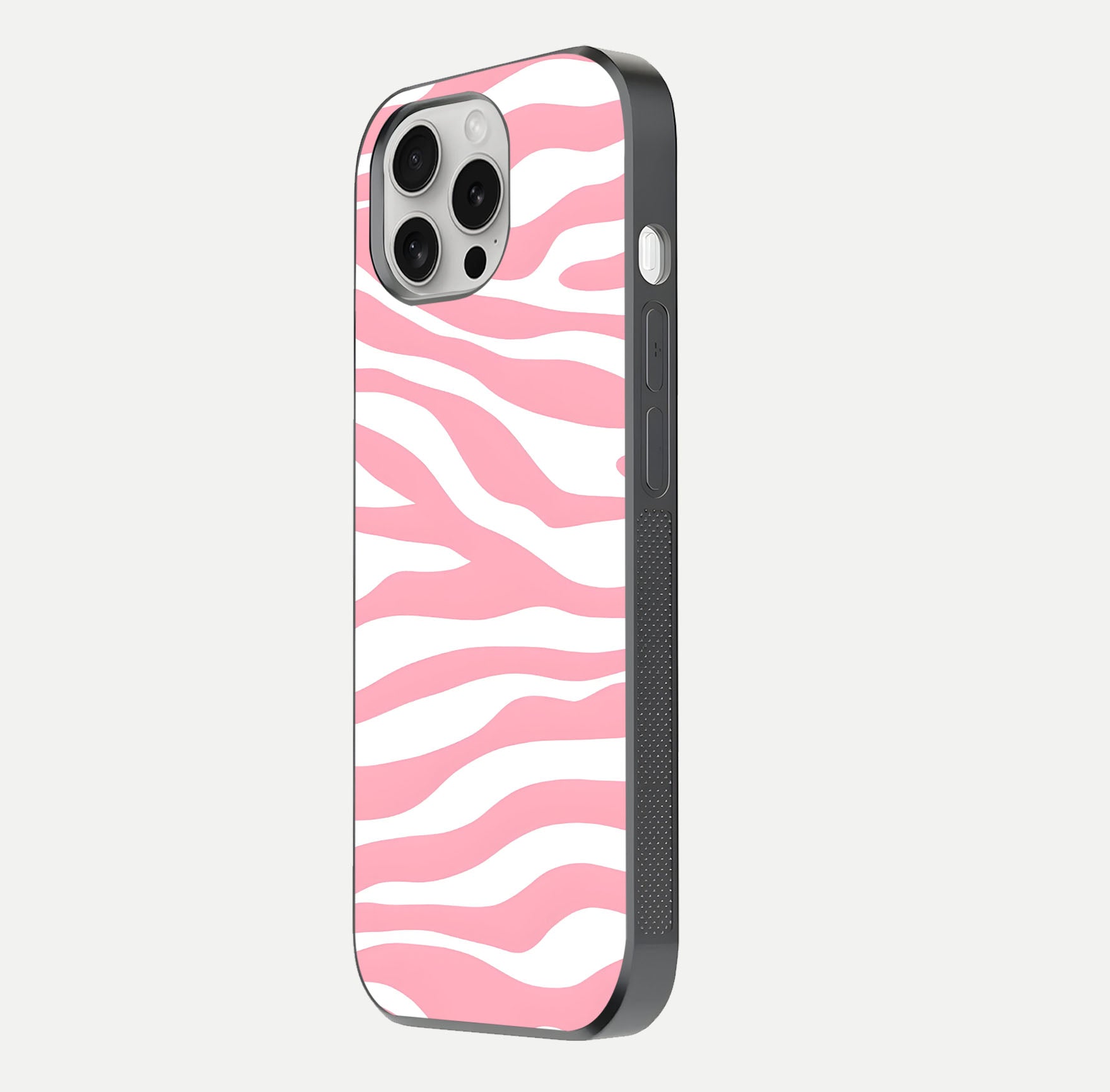 Blush Zebra Flow iPhone 16 Pro glass phone case side profile view focusing on sleek frame and seamless wrap