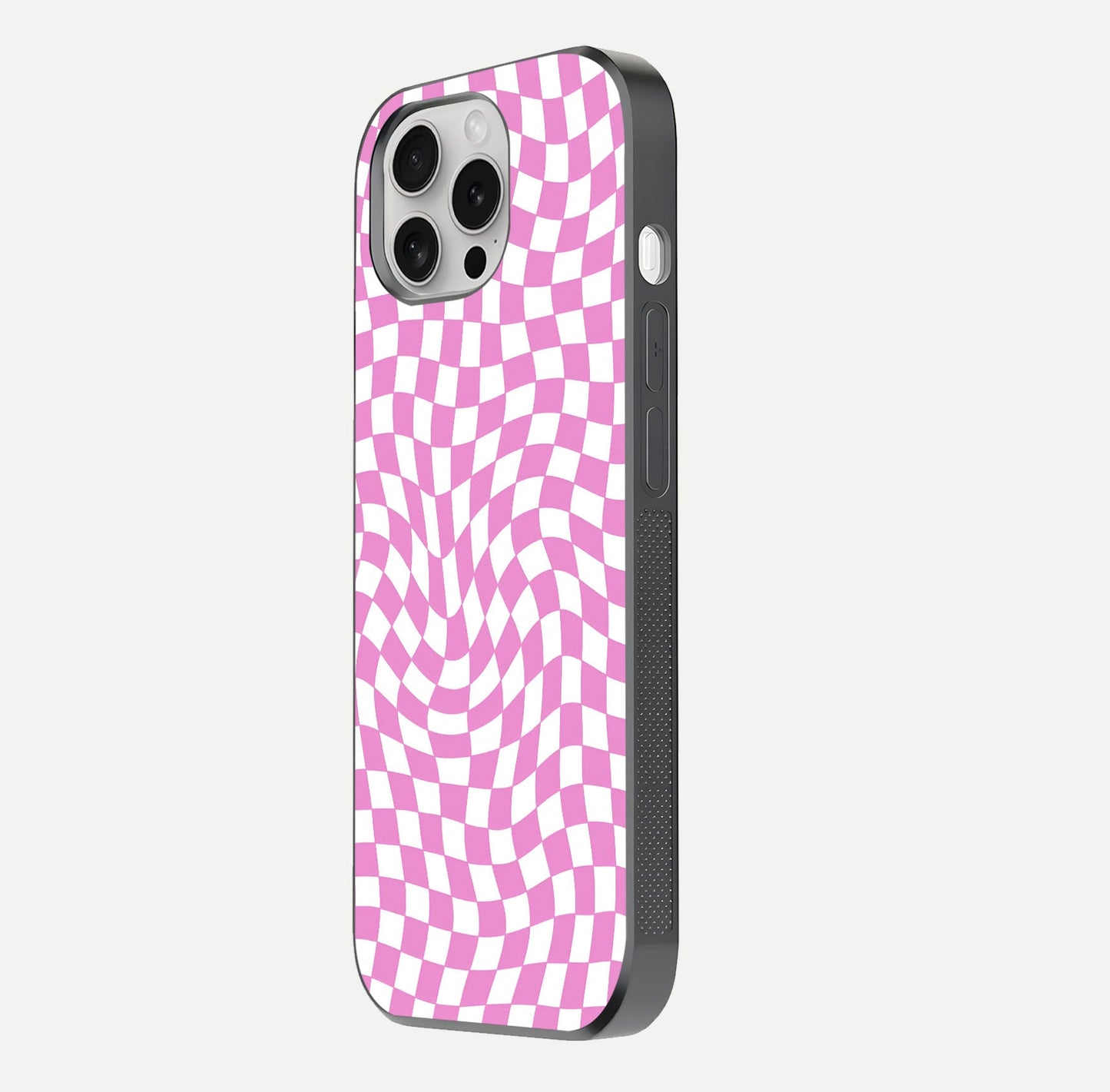 Bubblegum Check Wave iPhone 16 Pro glass phone case side profile view focusing on smooth edges and seamless wrap