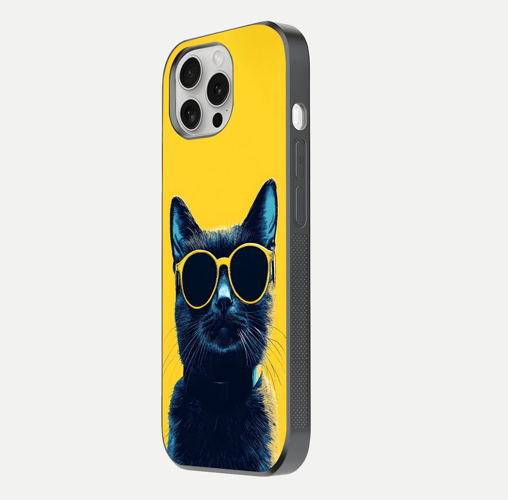 Cool Cat Vibes iPhone 16 Pro glass phone case side profile view focusing on sleek edges and seamless wrap