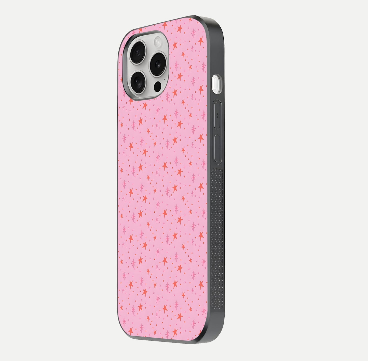 Cosmic Pink Sparkle iPhone 16 Pro glass phone case side profile view focusing on sleek edges and seamless wrap