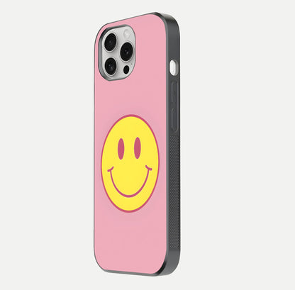 Happy Pink Mood iPhone 16 Pro glass phone case side profile view focusing on smooth frame and clean wrap