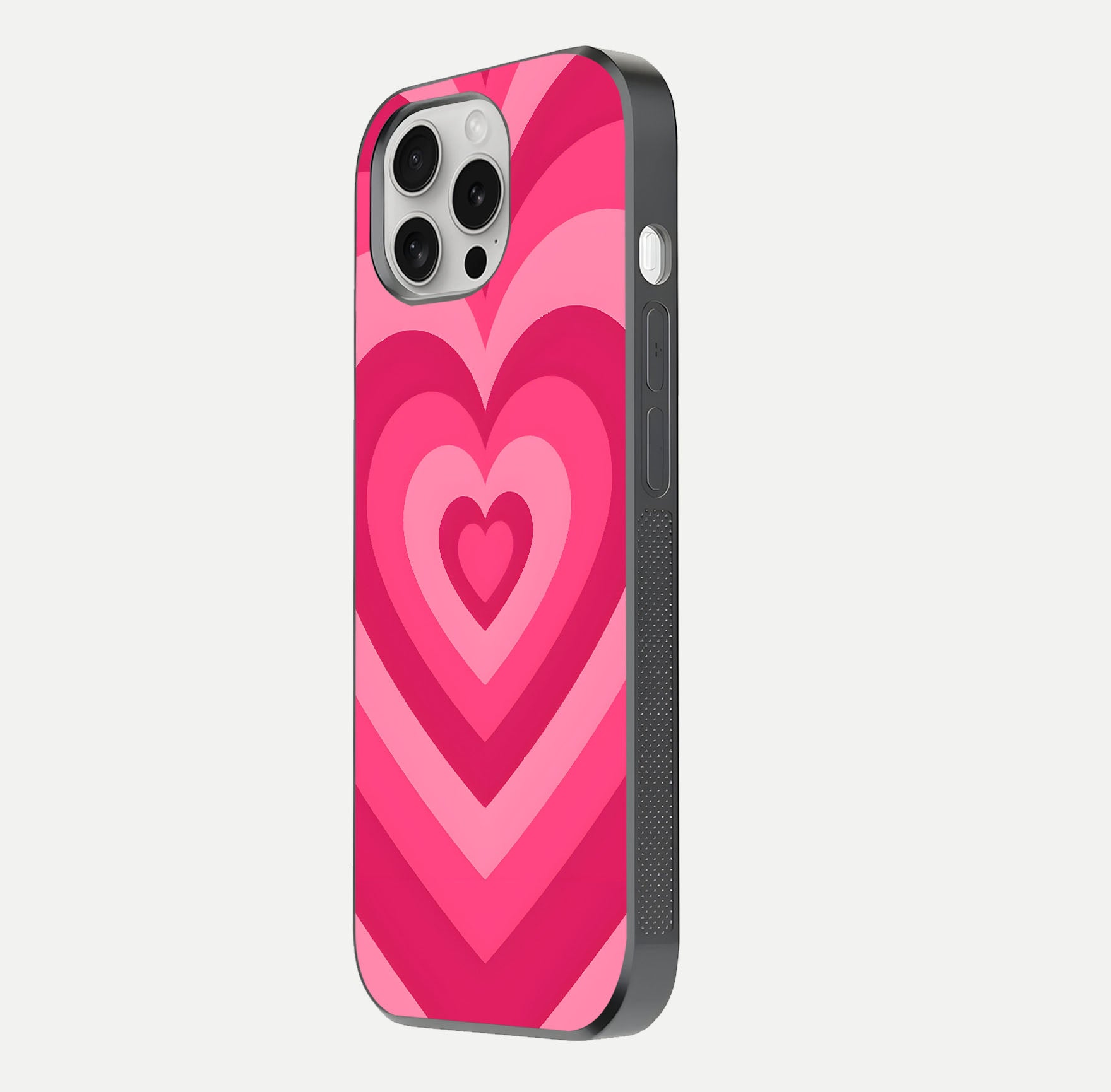 Layered Love Hearts iPhone 16 Pro glass phone case side profile view focusing on sleek edges and seamless wrap