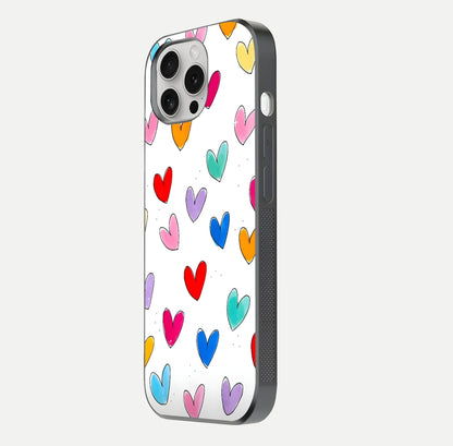 Playful Love Doodles iPhone 16 Pro glass phone case side profile view focusing on smooth frame and seamless wrap