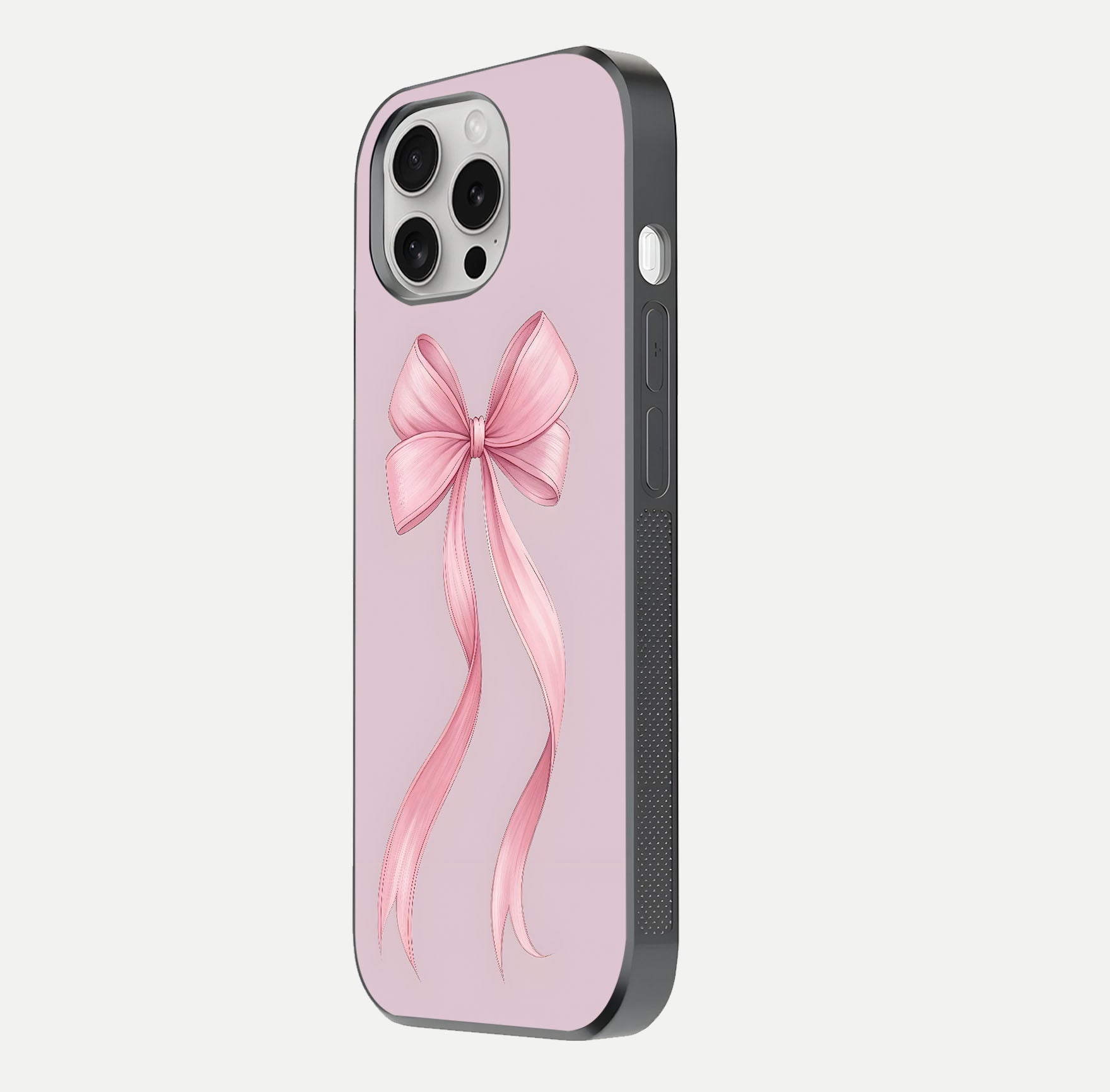Soft Blush Bow iPhone 16 Pro glass phone case side profile view focusing on sleek edges and seamless wrap