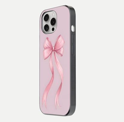 Soft Blush Bow iPhone 16 Pro glass phone case side profile view focusing on sleek edges and seamless wrap