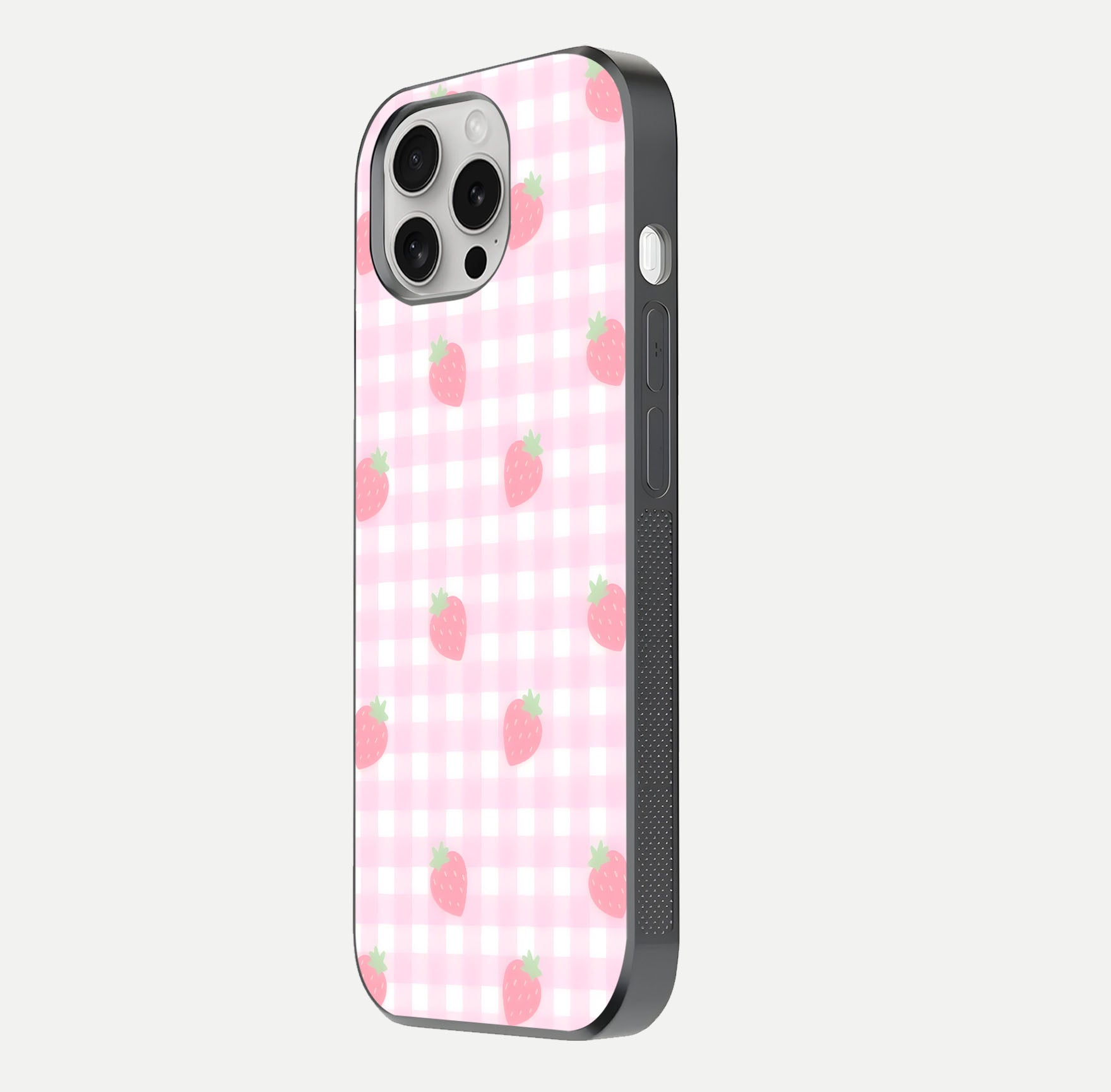 Strawberry Picnic Love iPhone 16 Pro glass phone case side profile view focusing on smooth frame and seamless wrap