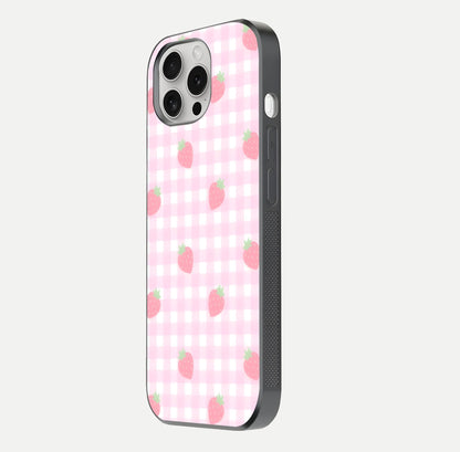 Strawberry Picnic Love iPhone 16 Pro glass phone case side profile view focusing on smooth frame and seamless wrap