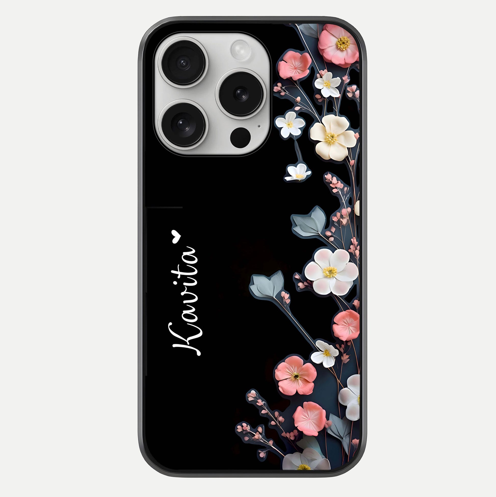 Black Elegance Floral Custom Name Glass Case For iPhone 16 Pro by Custom World