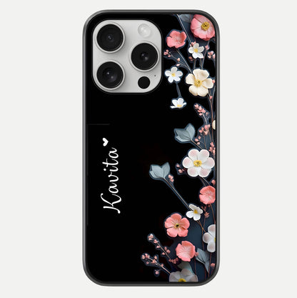Black Elegance Floral Custom Name Glass Case For iPhone 16 Pro by Custom World