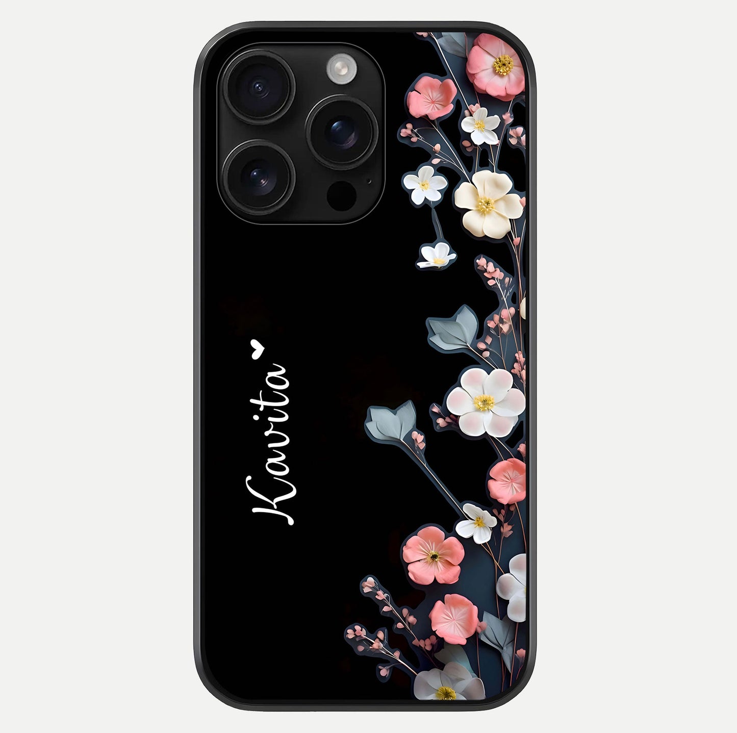 Black Elegance Floral Custom Name Glass Case For iPhone 16 Pro Max by Custom World