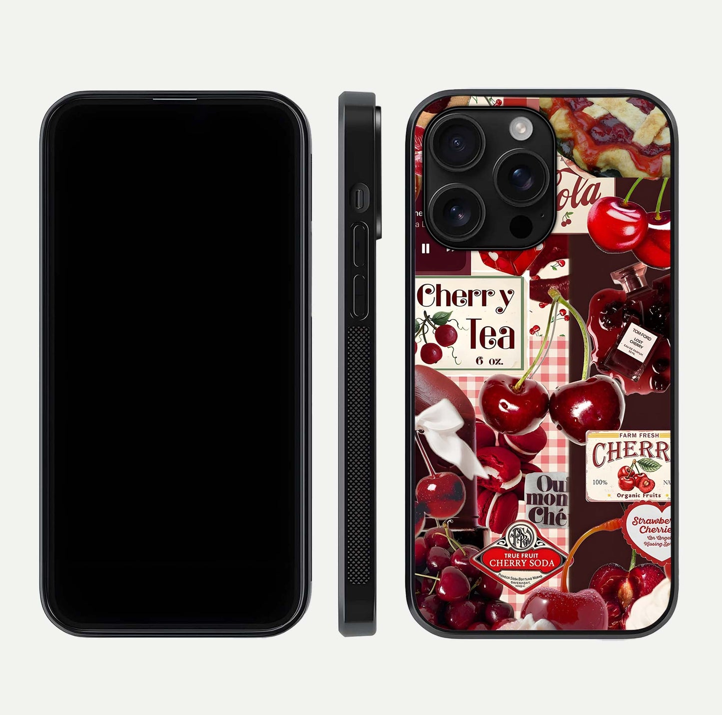 Aesthetic Cherry Tea Glass Case for iPhone 16 Pro Max front and back view layout showing black front display and artistic cherry-themed glass back