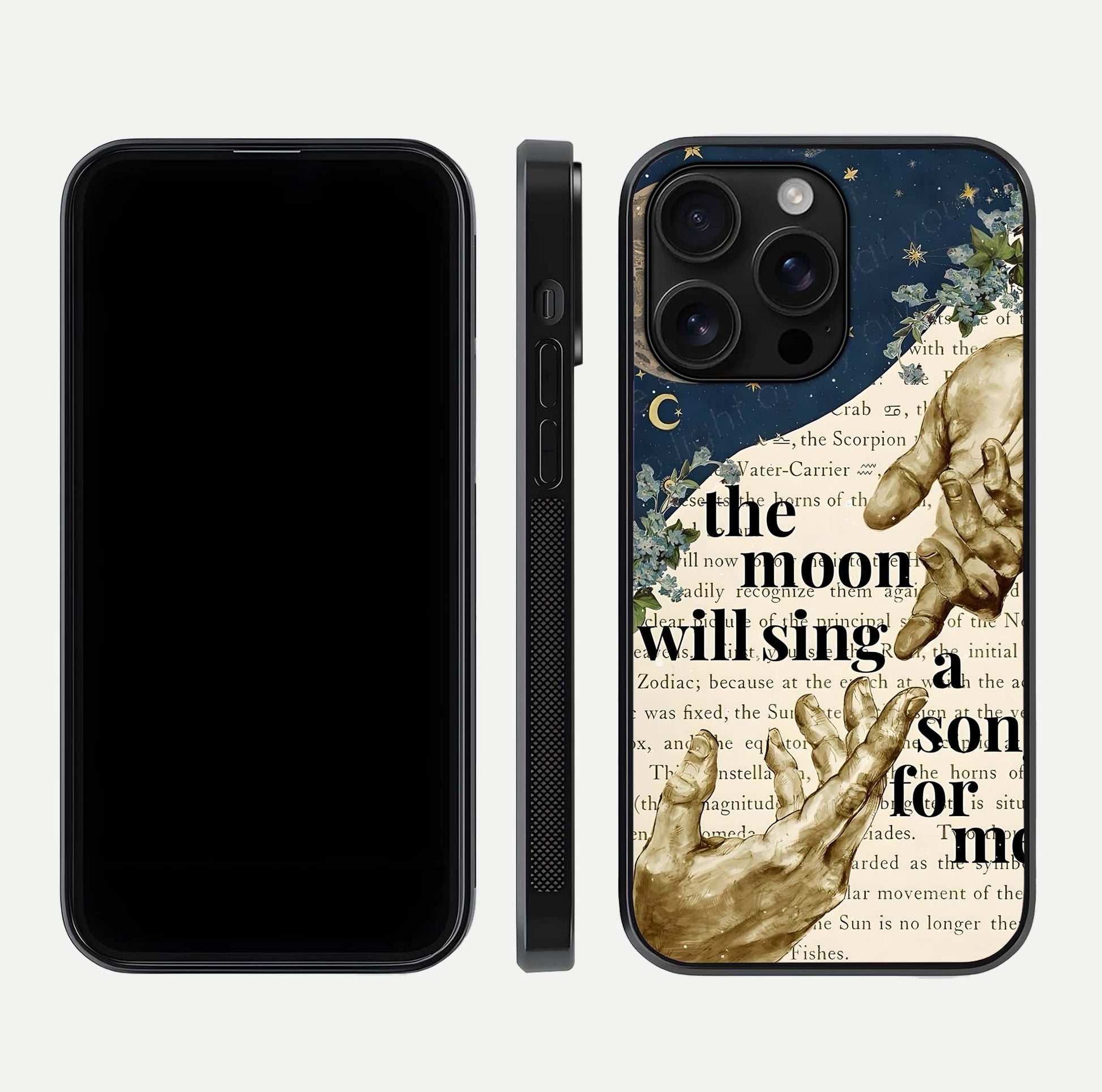Aesthetic Divine Glass Case for iPhone 16 Pro Max front and back view layout showing black front display and divine art glass back