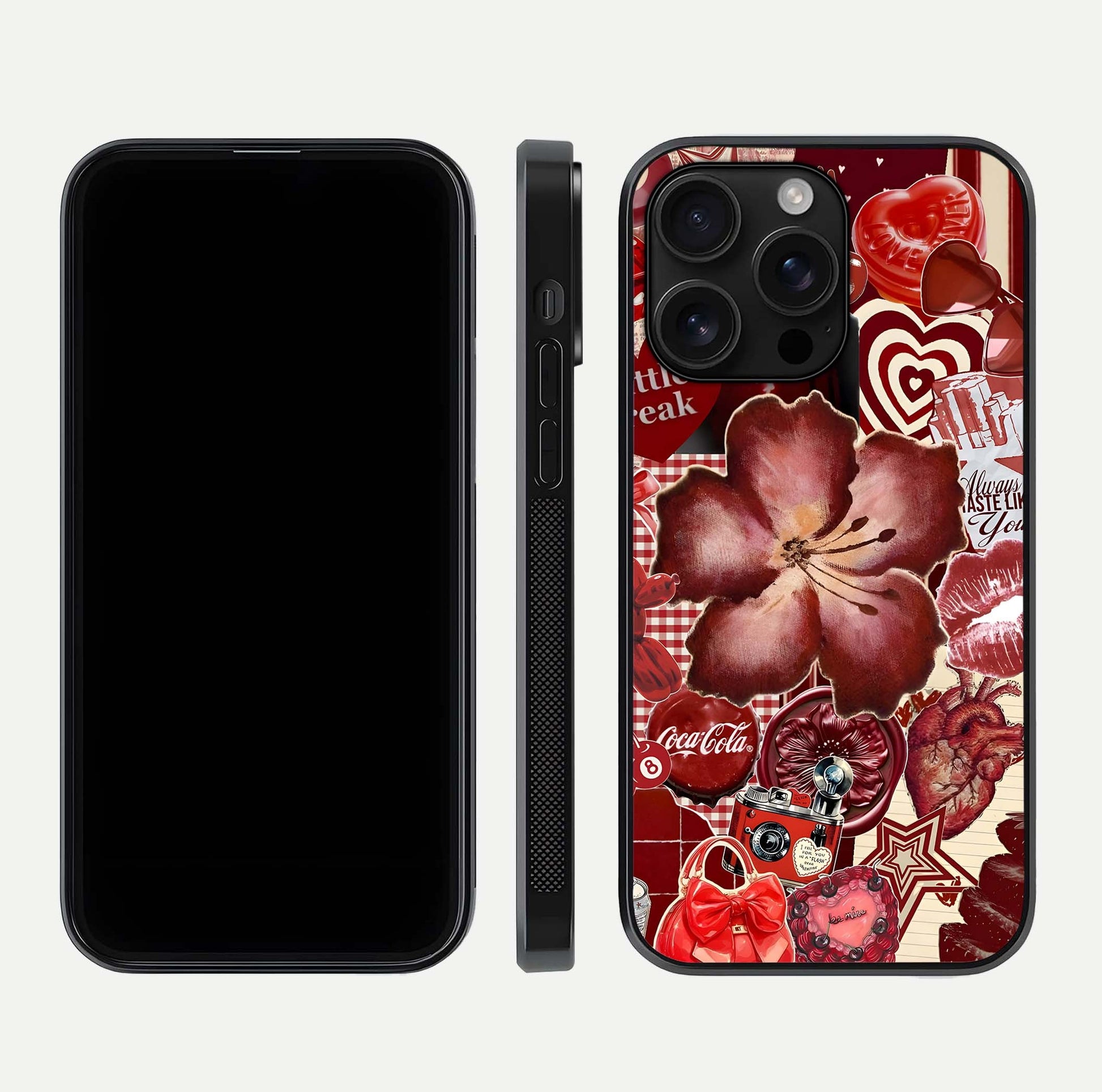 Aesthetic Little Freak Glass Case for iPhone 16 Pro Max front and back view layout showing black front display and trendy collage glass back