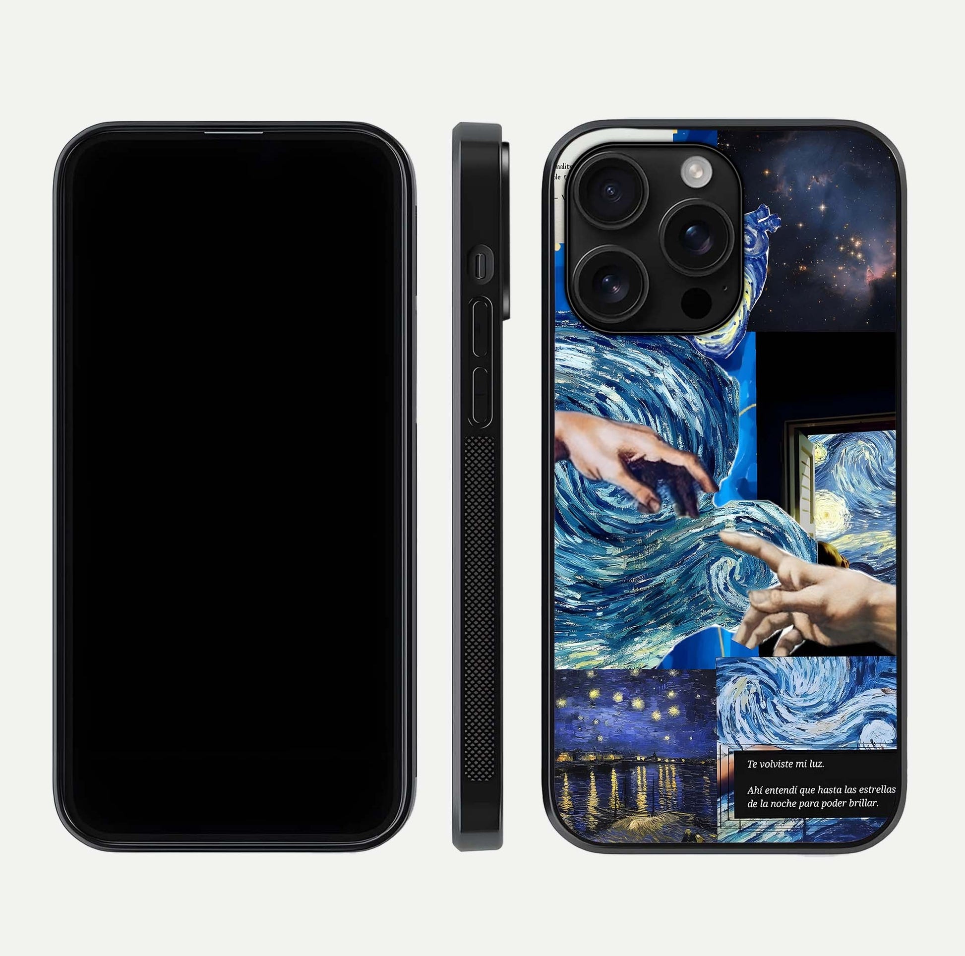 Aesthetic Vando Hands Glass Case for iPhone 16 Pro Max front and back layout highlighting camera cutout and premium glass shine