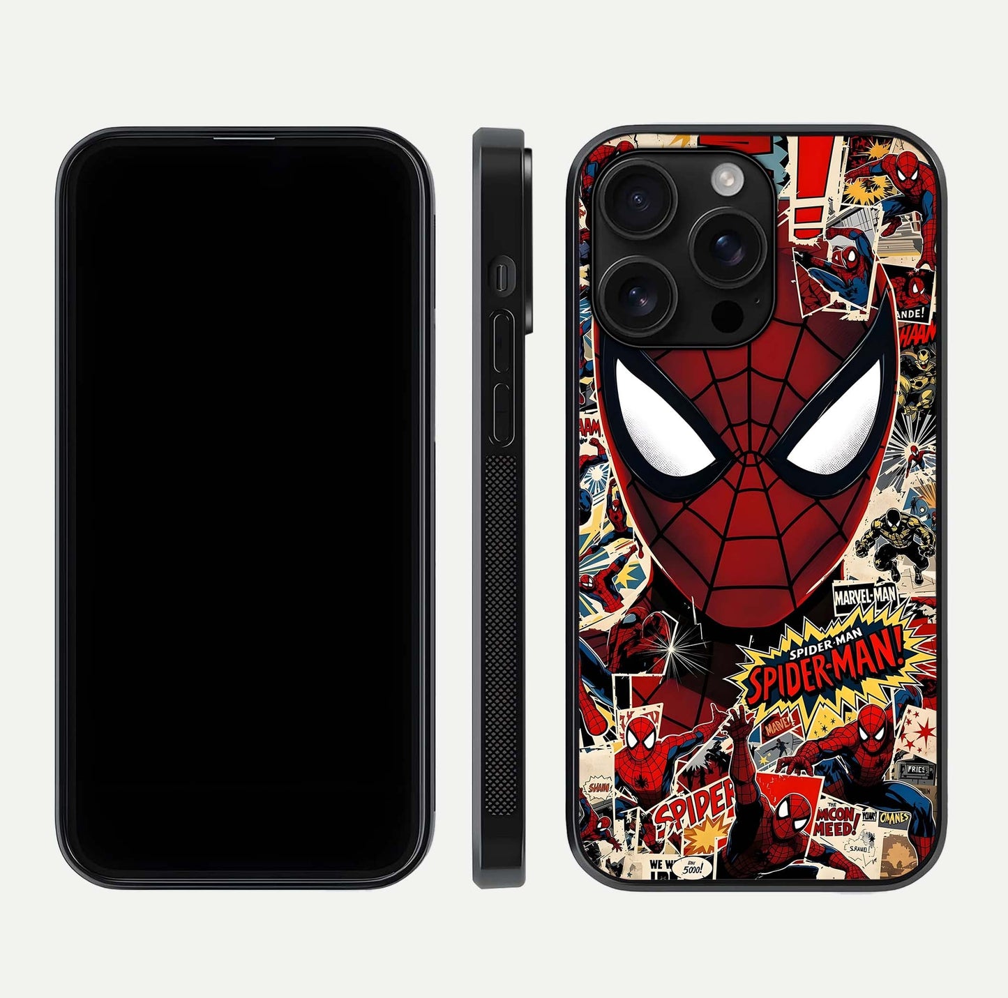 Aesthetic Wonder Spider Glass Case for iPhone 16 Pro Max dual-view layout showing premium glass shine and strong edge design