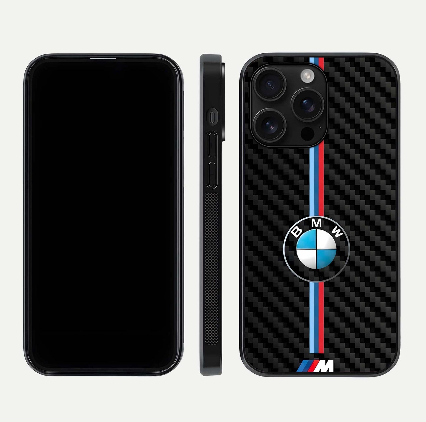 BMW Pattern Glass Case for iPhone 16 Pro Max front-and-back layout displaying car-themed art and premium glass gloss