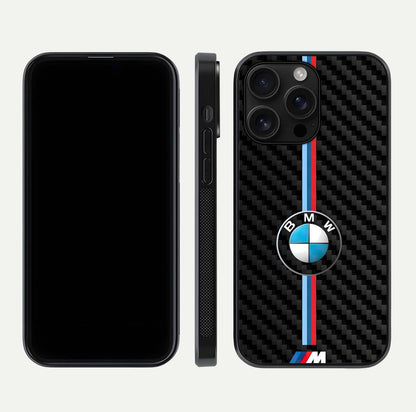 BMW Pattern Glass Case for iPhone 16 Pro Max front-and-back layout displaying car-themed art and premium glass gloss
