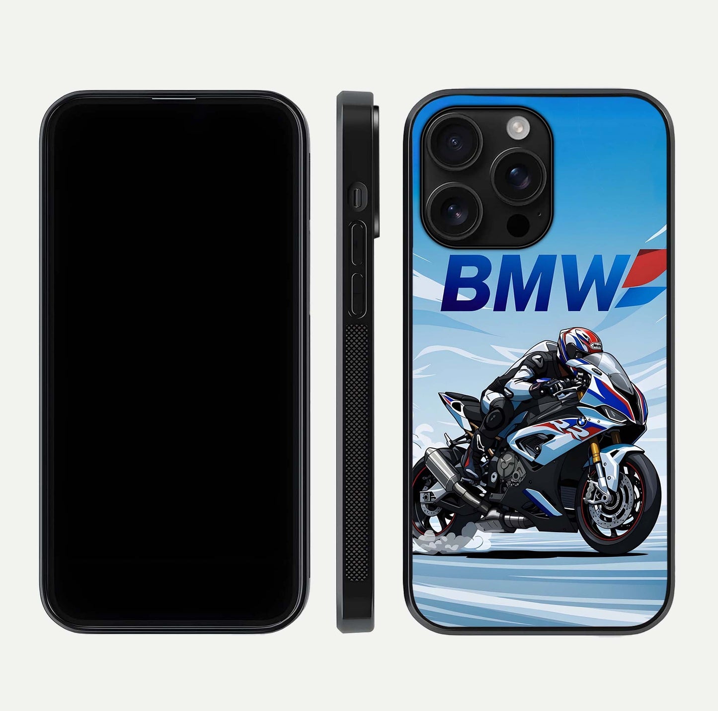 BMW Power Drift Glass Case for iPhone 16 Pro Max dual-view layout showing energy pattern and edge clarity