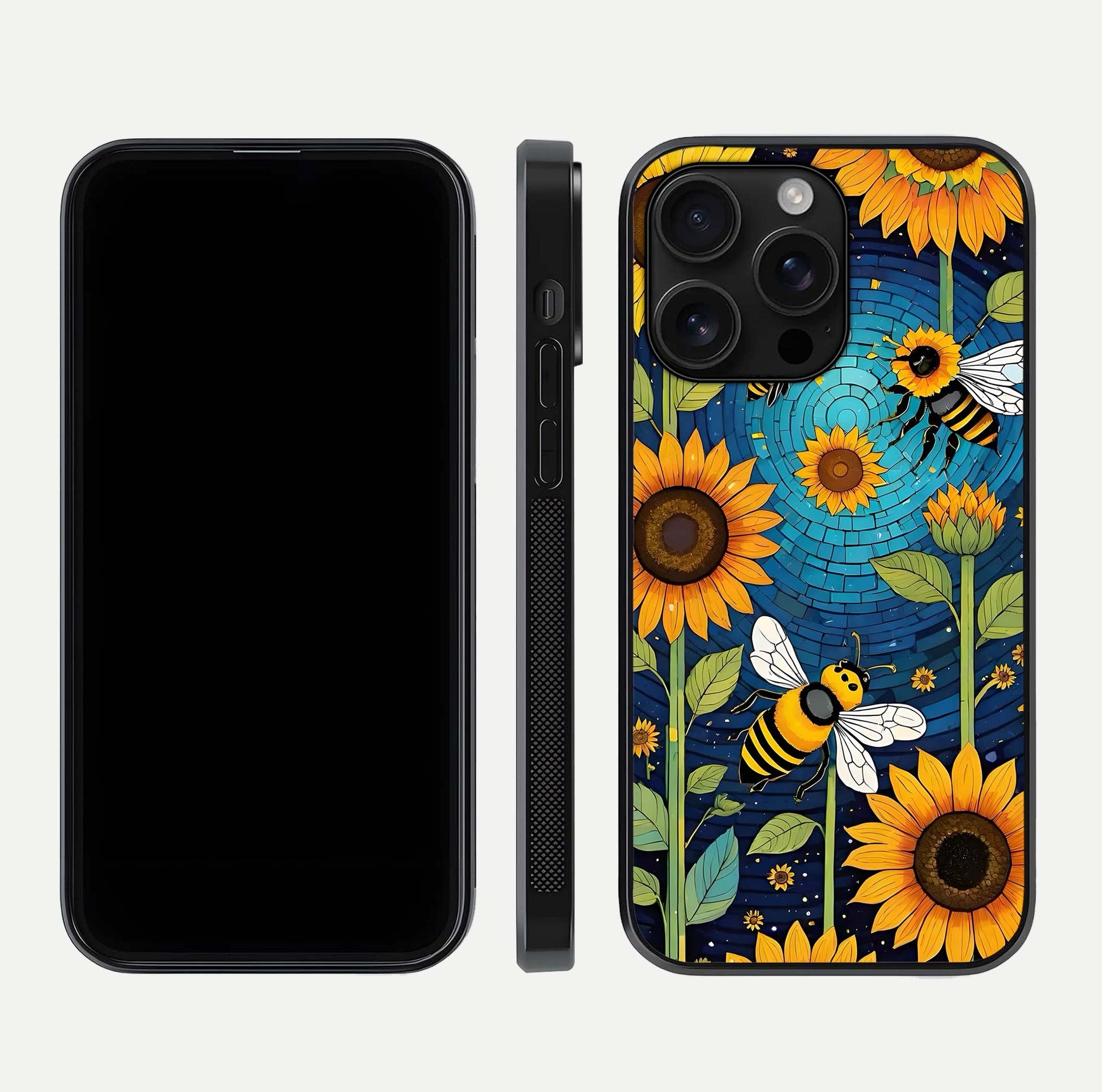 Bees & Sunflowers Glass Case for iPhone 16 Pro Max front-and-back layout highlighting nature-inspired artwork and protective edge