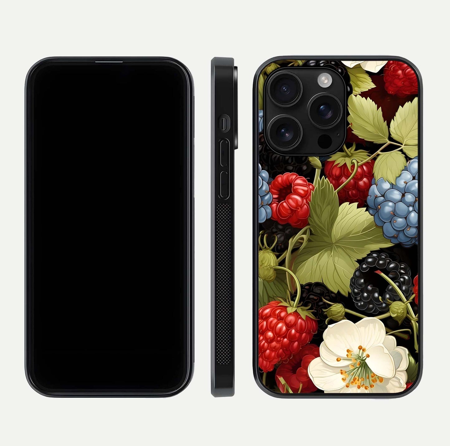 Berry Bloom Charm Glass Case for iPhone 16 Pro Max front-and-back layout showing floral pattern continuity and smooth glass shine